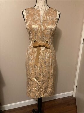 Chetta B Metallic Gold Floral Sheath Dress with Waist Bow